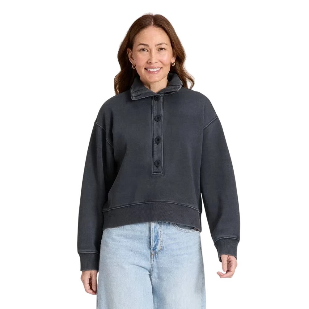 Universal Thread Women's Black Quarter Button Fleece Pullover Sweatshirt Size XS